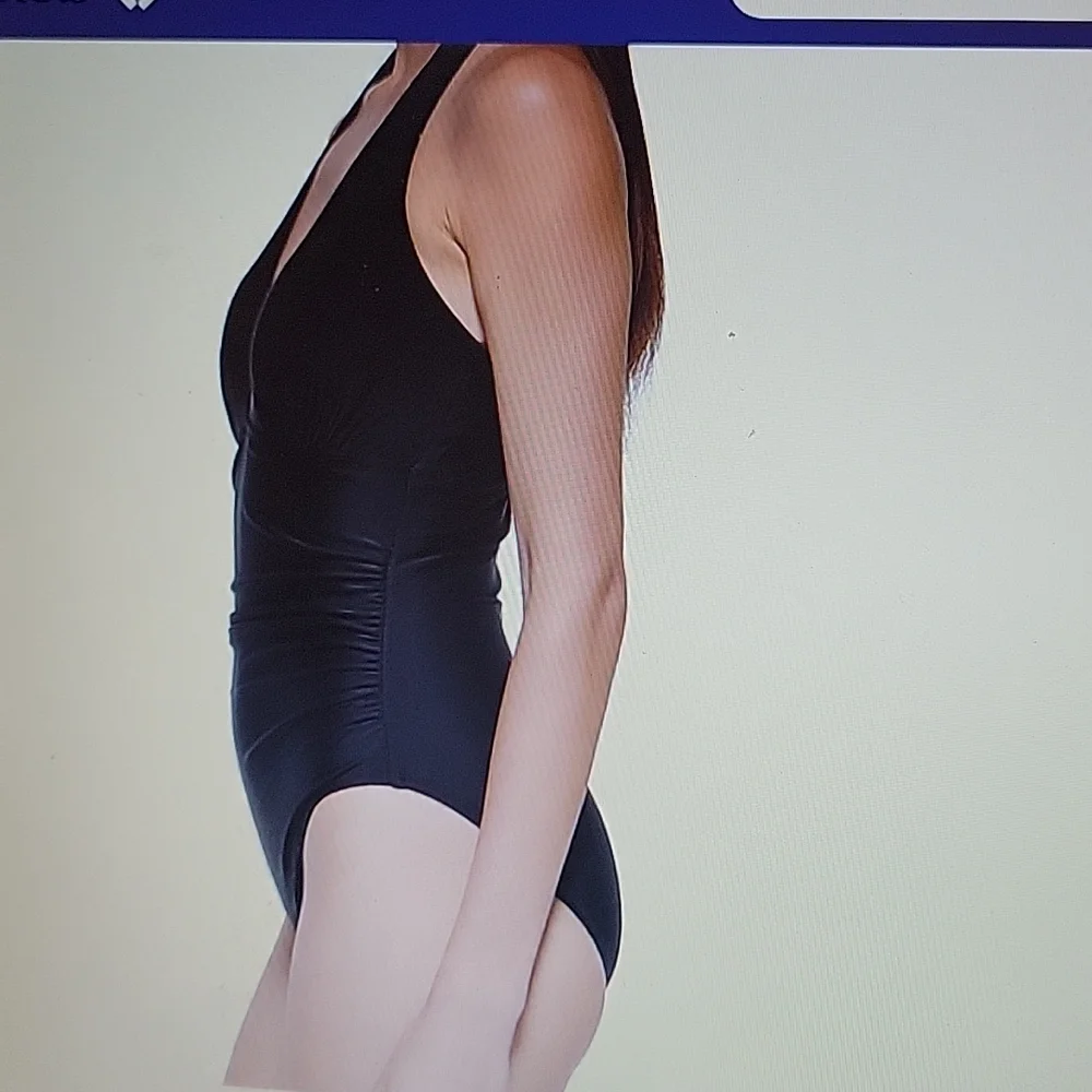 DKNY one piece Black halter shirred waist swimsuit moderate coverage Medium NEW… - Picture 4 of 8